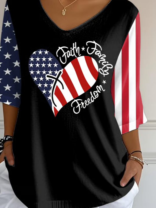 Women Independence Day (Flag) Three Quarter Sleeve Tee T-shirt V Neck Printing Casual Spring/Fall Top