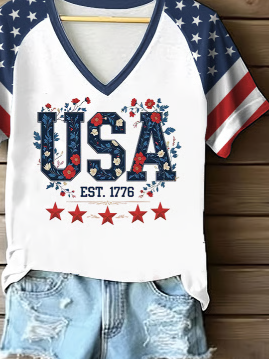 Women Floral Short Sleeve Tee T-shirt V Neck Printing Casual Summer Graphic Tee Top