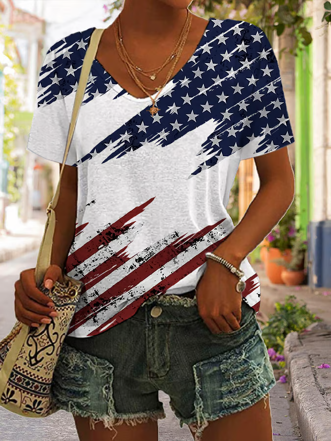 Women Independence Day (Flag) Short Sleeve Tee T-shirt V Neck Printing Casual Summer Graphic Tee Top