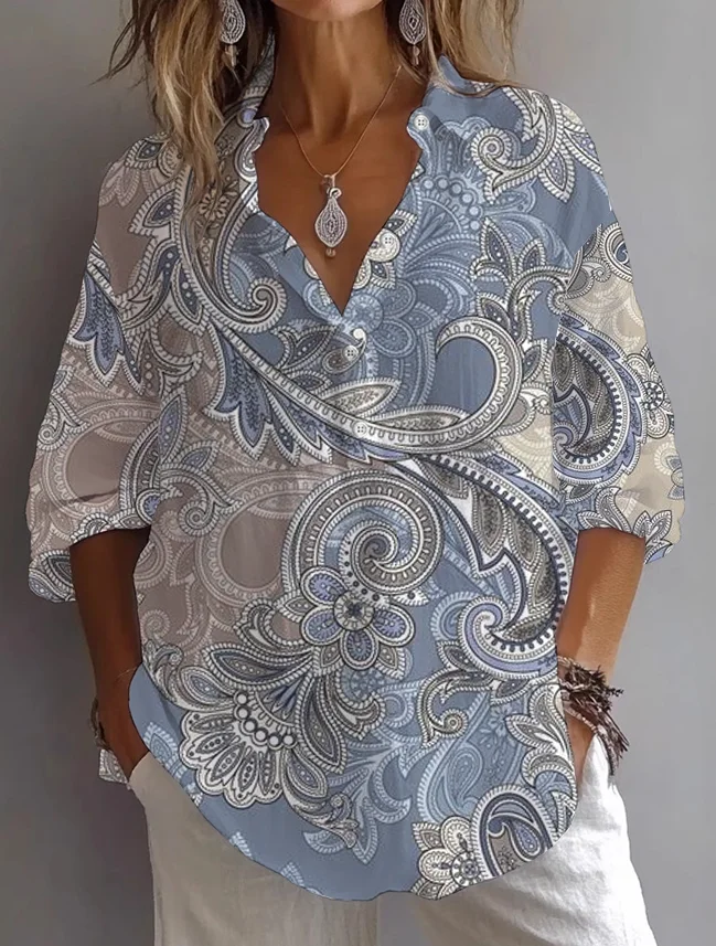 Women Floral Long Sleeve Shirt Spring/Fall Printing Shirt Collar Daily Casual Top