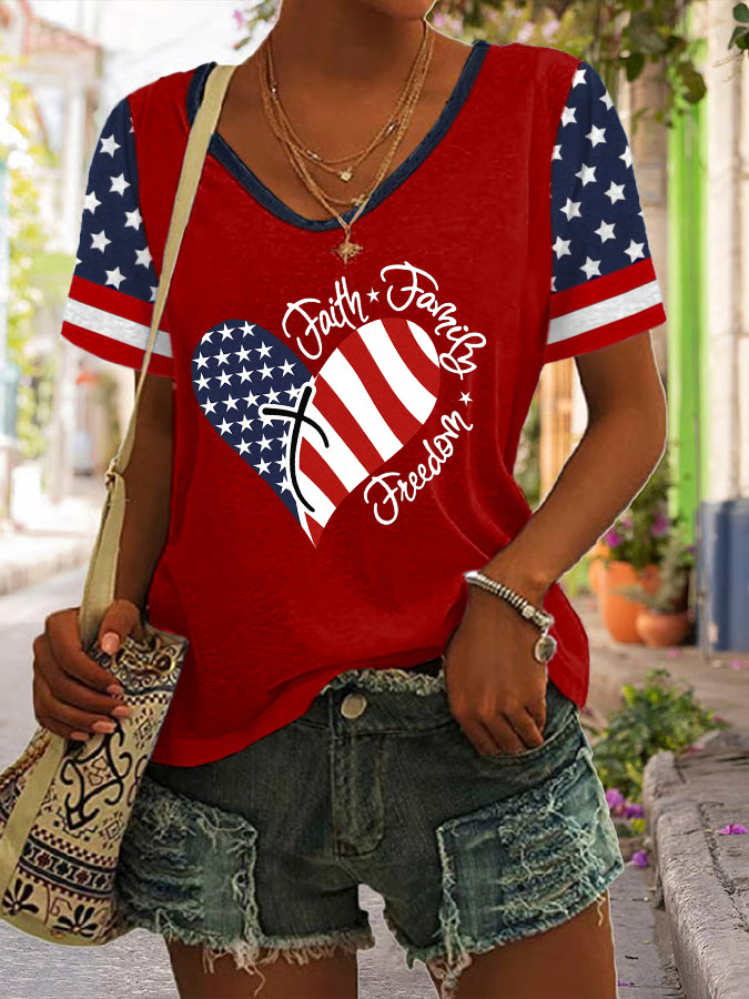 Women Independence Day (Flag) Short Sleeve Tee T-shirt V Neck Printing Casual Summer Graphic Tee Top