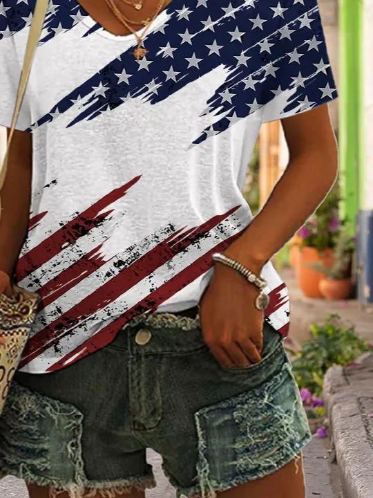 Women Independence Day (Flag) Short Sleeve Tee T-shirt V Neck Printing Casual Summer Graphic Tee Top