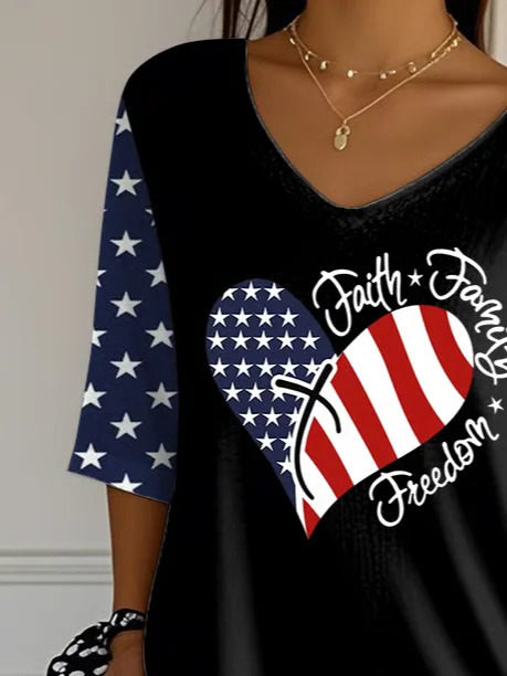 Women Independence Day (Flag) Three Quarter Sleeve Tee T-shirt V Neck Printing Casual Spring/Fall Top