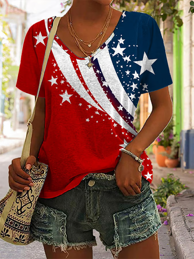 Women Independence Day (Flag) Short Sleeve Tee T-shirt V Neck Printing Casual Summer Graphic Tee Top