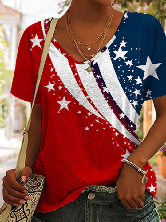 Women Independence Day (Flag) Short Sleeve Tee T-shirt V Neck Printing Casual Summer Graphic Tee Top