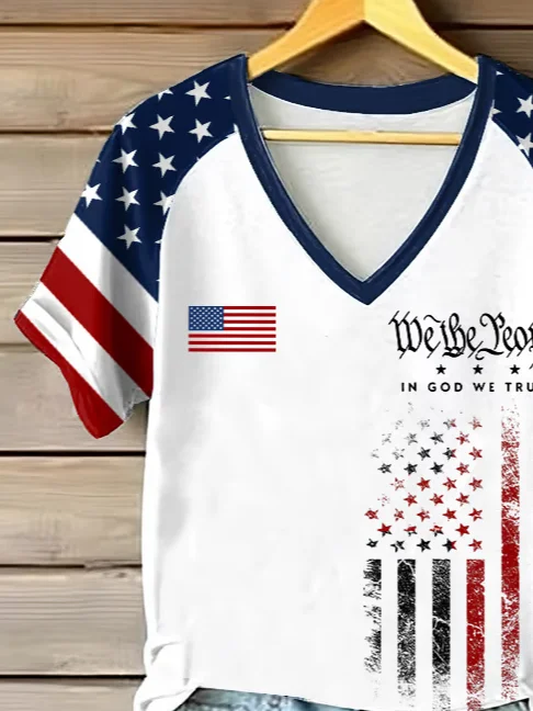 Women Independence Day (Flag) Short Sleeve Tee T-shirt V Neck Printing Casual Summer Graphic Tee Top