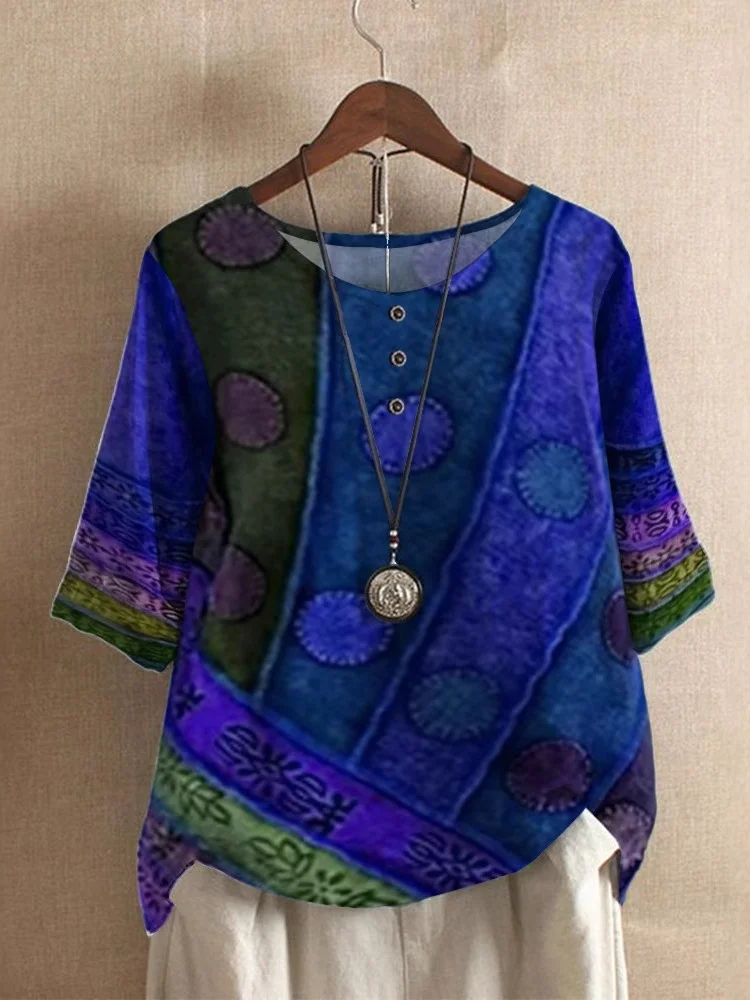 Women Geometric Short Sleeve Tee T-shirt V Neck Vintage Summer Top