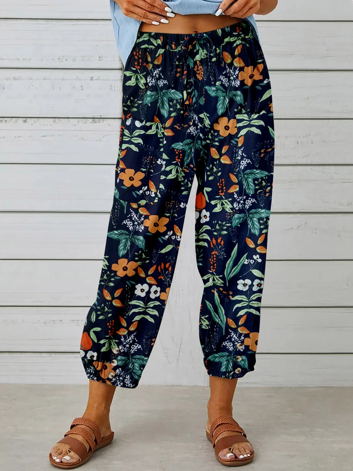 Women Geometric Ankle Pants Elastic Waist Pants Vintage Spring/Fall Trousers