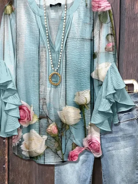 Women Floral Half Sleeve Shirt Summer Printing V Neck Daily Casual Top