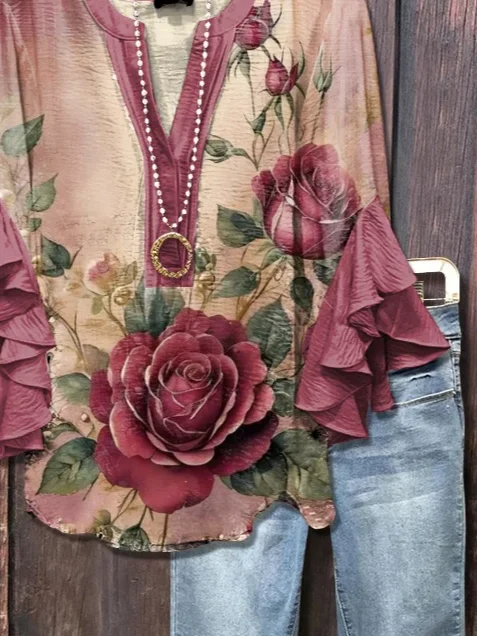 Women Floral Half Sleeve Shirt Summer Printing V Neck Daily Casual Top