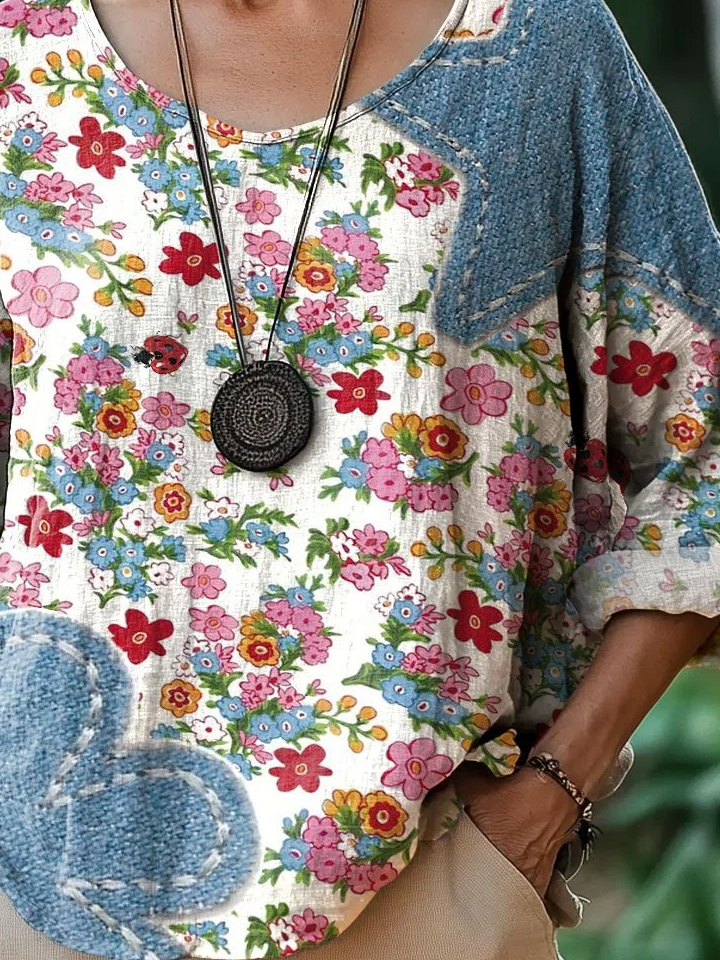 Women Floral Three Quarter Sleeve Tee T-shirt Crew Neck Printing Casual Spring/Fall Top