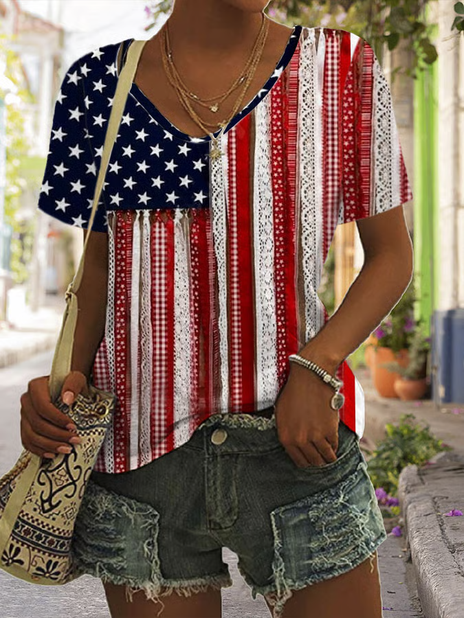 Women Ombre Short Sleeve Tee T-shirt U-Neck Casual Summer Top