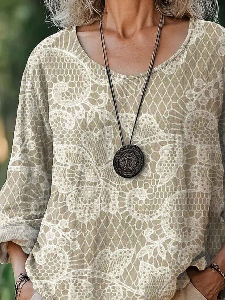 Women Floral Three Quarter Sleeve Tee T-shirt Crew Neck Printing Casual Spring/Fall Top