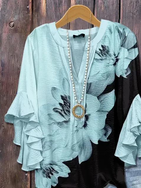 Women Floral Half Sleeve Shirt Summer Printing V Neck Daily Casual Top