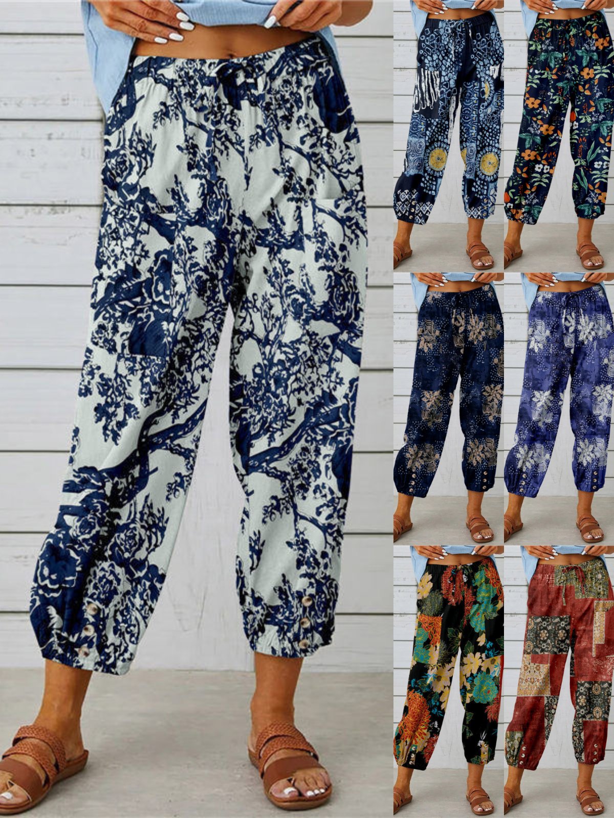 Women Geometric Ankle Pants Elastic Waist Pants Vintage Spring/Fall Trousers