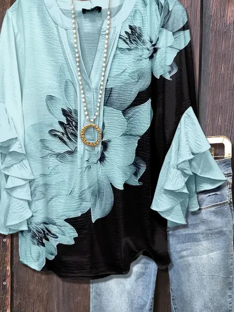 Women Floral Half Sleeve Shirt Summer Printing V Neck Daily Casual Top