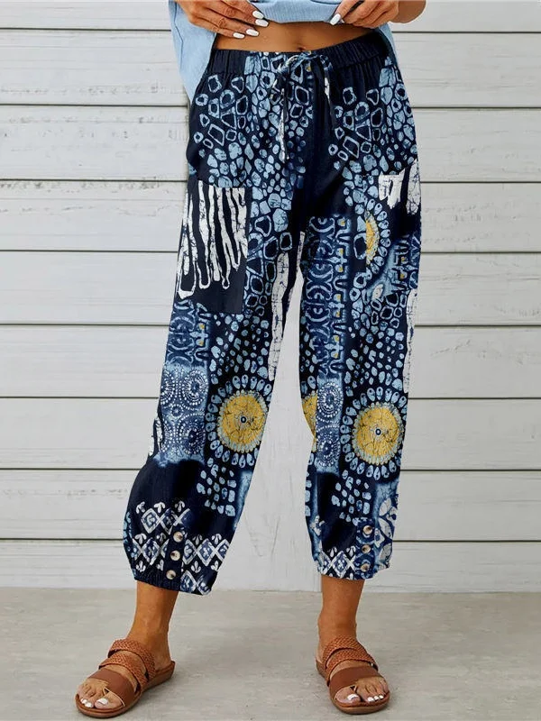 Women Geometric Ankle Pants Elastic Waist Pants Vintage Spring/Fall Trousers