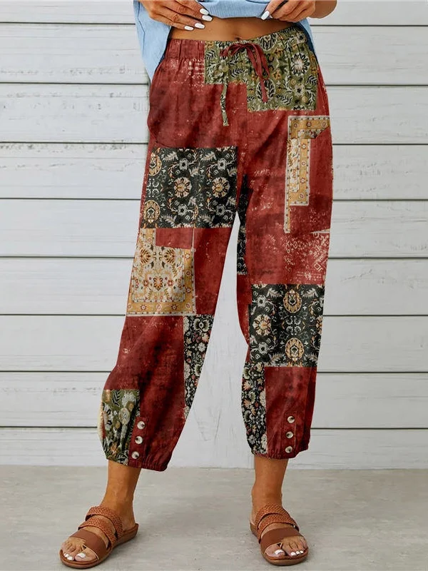 Women Geometric Ankle Pants Elastic Waist Pants Vintage Spring/Fall Trousers