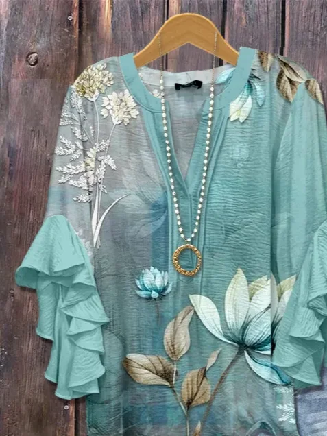 Women Floral Half Sleeve Shirt Summer Printing V Neck Daily Casual Top