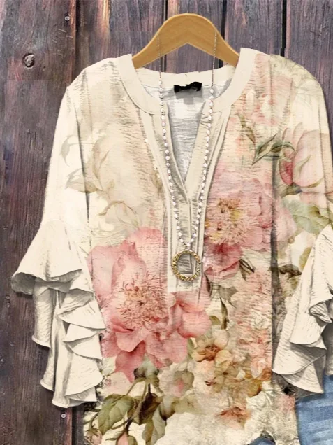 Women Floral Half Sleeve Shirt Summer Printing V Neck Daily Casual Top
