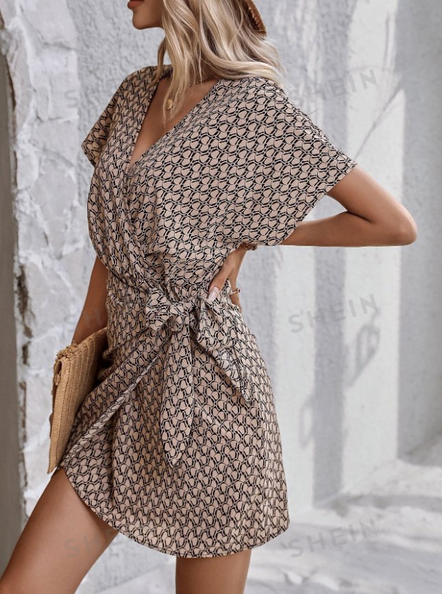 Women Geometric Short Sleeve Summer Asymmetric Dress V Neck Dolman Sleeve Daily Vintage Midi Tank A-Line Dress