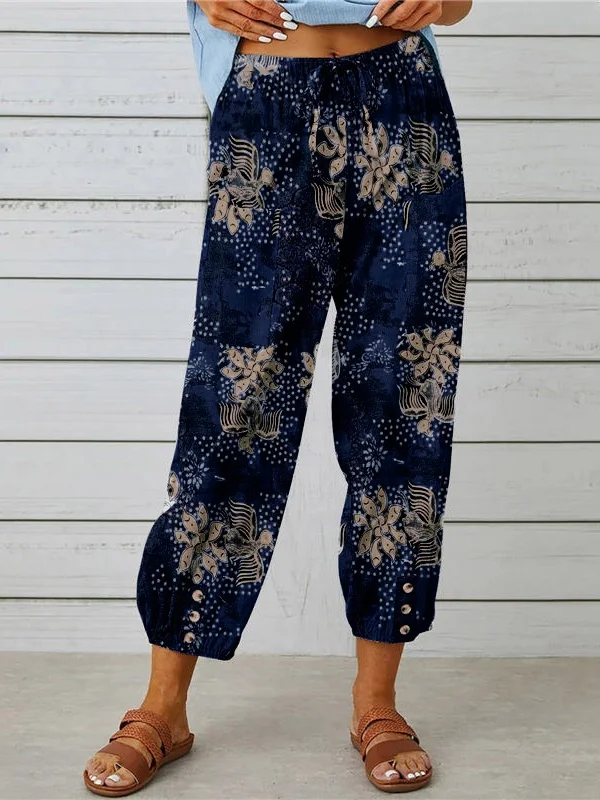 Women Geometric Ankle Pants Elastic Waist Pants Vintage Spring/Fall Trousers