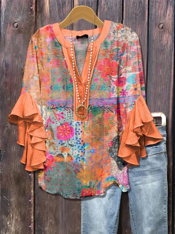 Women Floral Half Sleeve Shirt Summer Printing V Neck Daily Casual Top