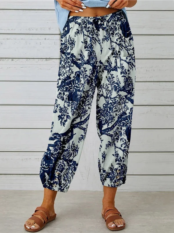 Women Geometric Ankle Pants Elastic Waist Pants Vintage Spring/Fall Trousers