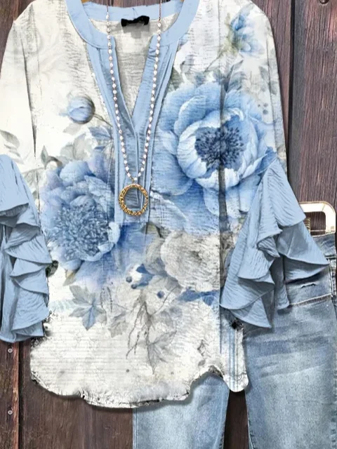 Women Floral Half Sleeve Shirt Summer Printing V Neck Daily Casual Top