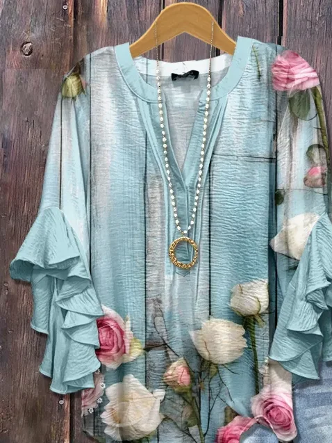 Women Floral Half Sleeve Shirt Summer Printing V Neck Daily Casual Top