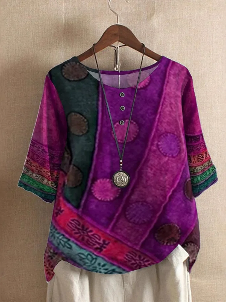 Women Geometric Short Sleeve Tee T-shirt V Neck Vintage Summer Top