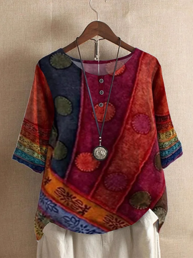 Women Geometric Short Sleeve Tee T-shirt V Neck Vintage Summer Top