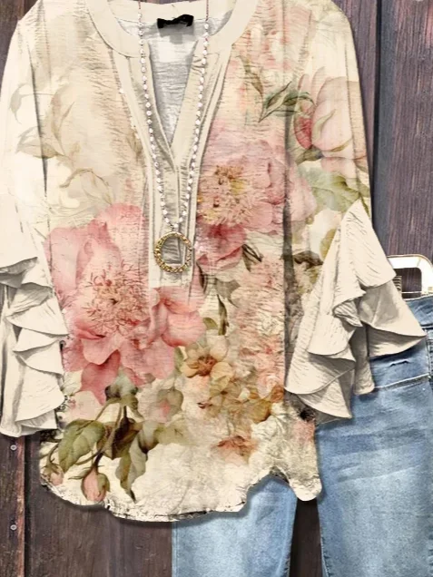 Women Floral Half Sleeve Shirt Summer Printing V Neck Daily Casual Top