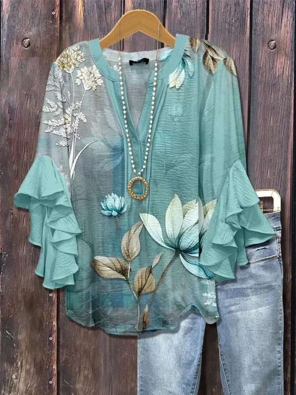 Women Floral Half Sleeve Shirt Summer Printing V Neck Daily Casual Top