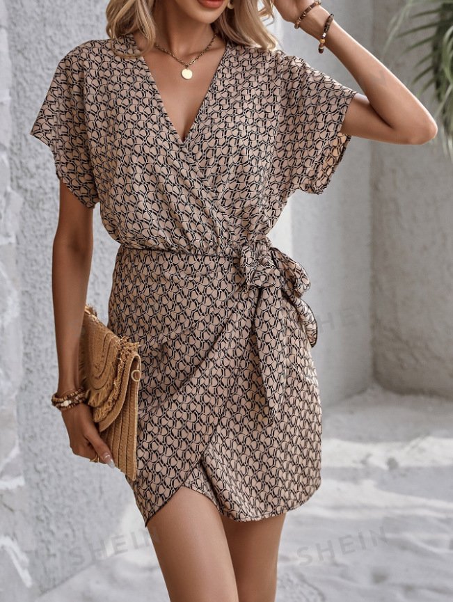 Women Geometric Short Sleeve Summer Asymmetric Dress V Neck Dolman Sleeve Daily Vintage Midi Tank A-Line Dress
