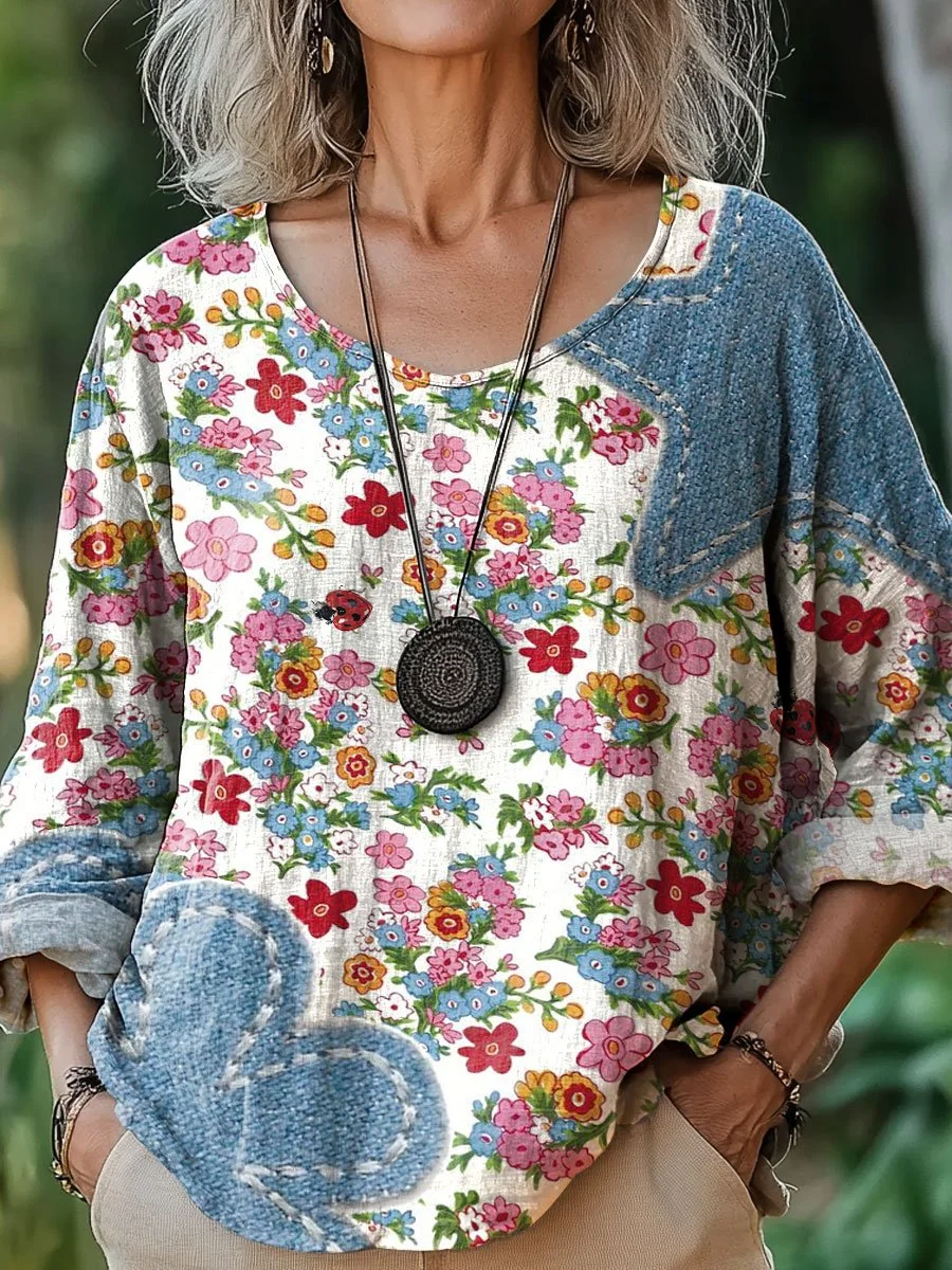 Women Floral Three Quarter Sleeve Tee T-shirt Crew Neck Printing Casual Spring/Fall Top