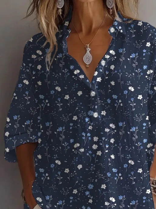 Women Floral Long Sleeve Shirt Spring/Fall Printing Shirt Collar Daily Casual Top