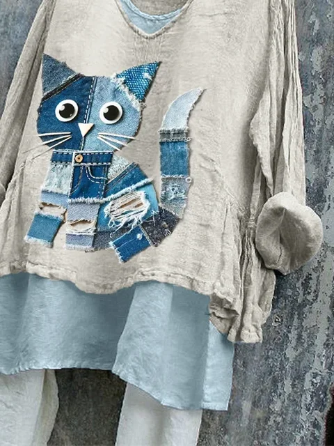Women Cat Long Sleeve Blouse Spring/Fall Printing V Neck Daily Casual Top