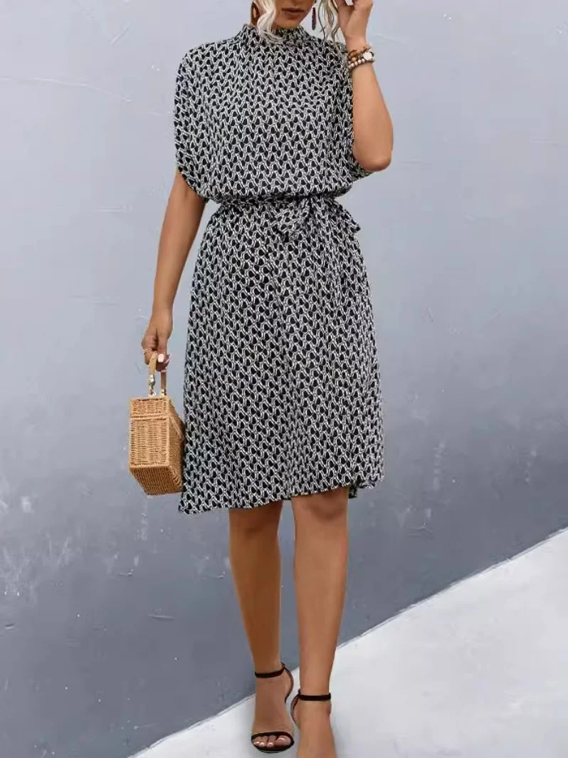 Women Geometric Short Sleeve Summer Printing Dress Crew Neck Daily Vintage Midi Tunic A-Line Dress