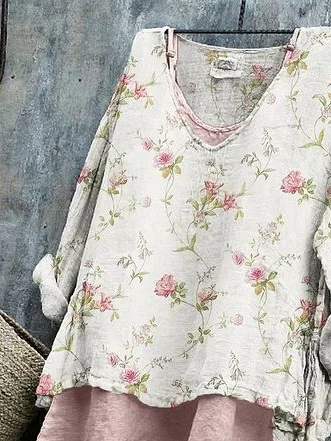 Women Floral Long Sleeve Blouse Spring/Fall Printing V Neck Daily Casual Top
