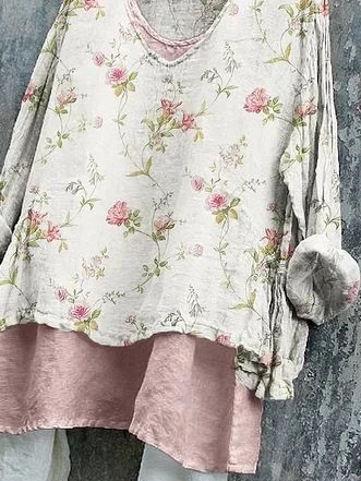 Women Floral Long Sleeve Blouse Spring/Fall Printing V Neck Daily Casual Top
