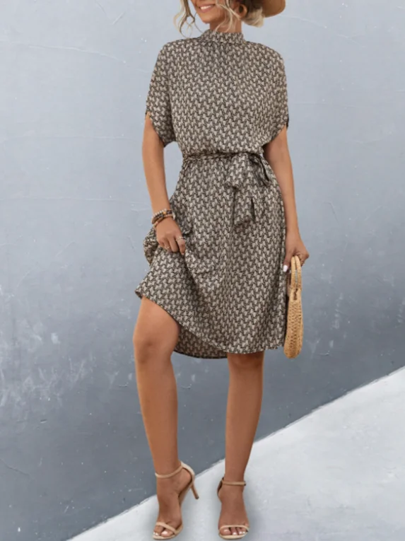 Women Geometric Short Sleeve Summer Printing Dress Crew Neck Daily Vintage Midi Tunic A-Line Dress