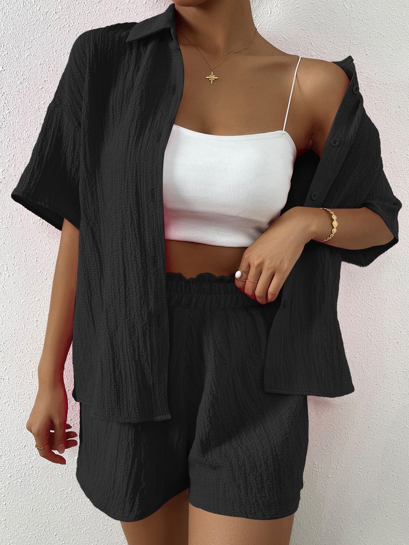 Women Plain Adjustable Strap Two-Piece Set Daily Half Sleeve Casual Summer Top With Pants Matching Set