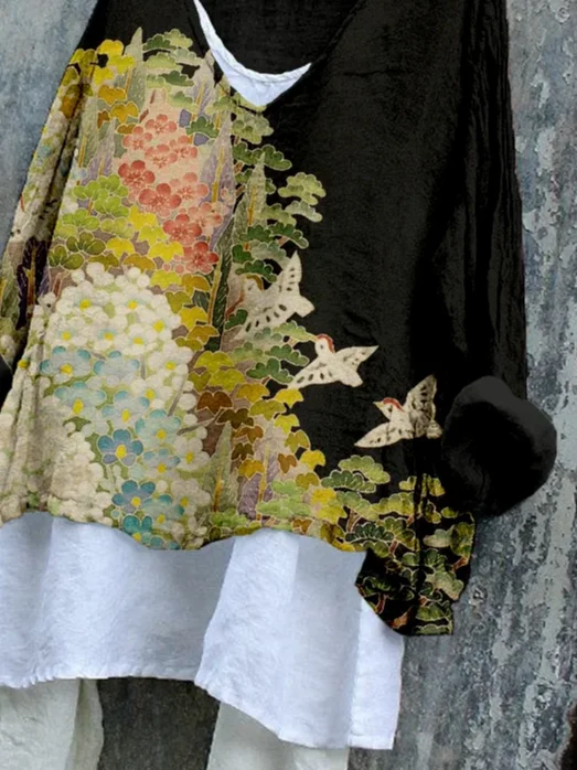Women Floral Long Sleeve Blouse Spring/Fall Printing V Neck Daily Casual Top