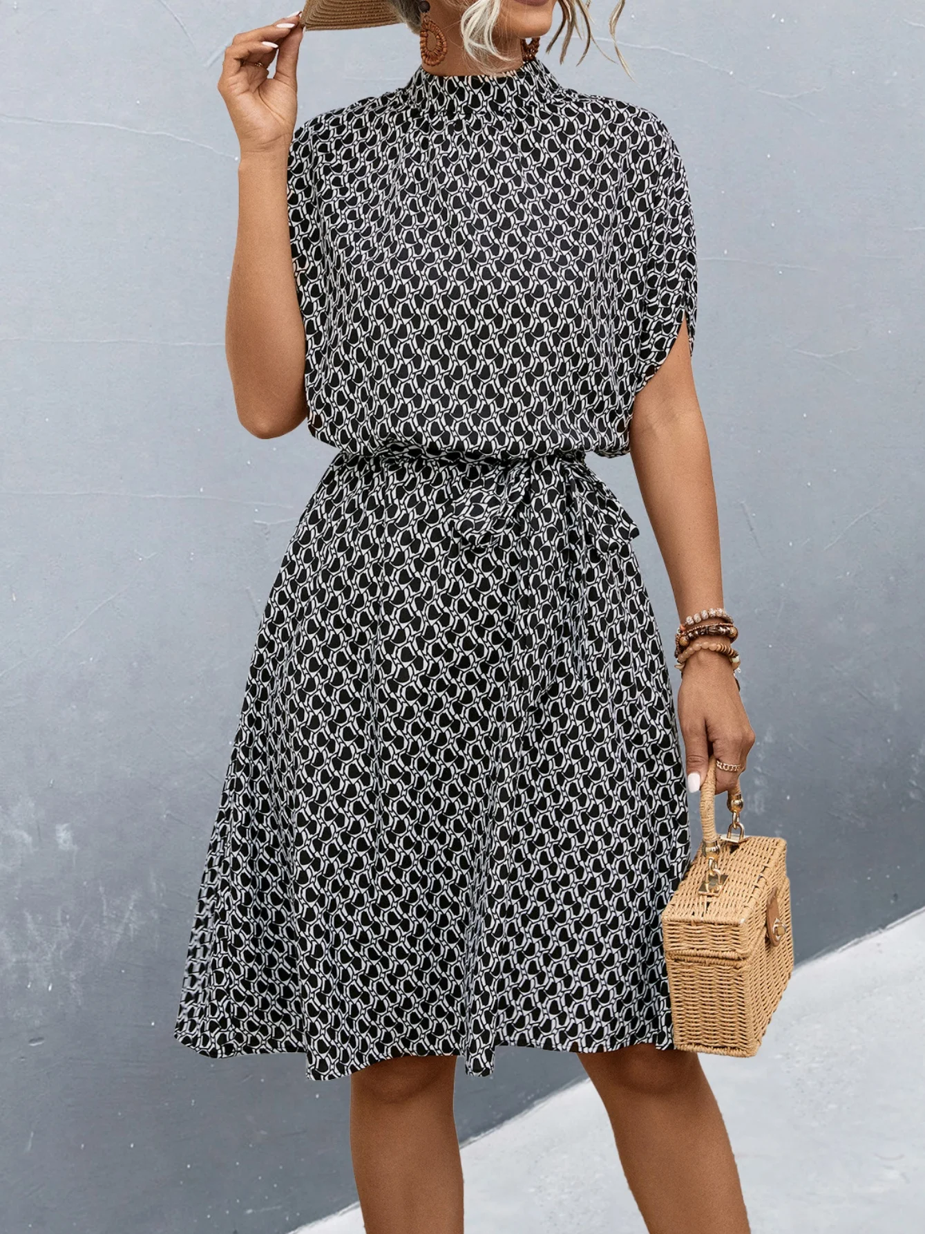 Women Geometric Short Sleeve Summer Printing Dress Crew Neck Daily Vintage Midi Tunic A-Line Dress