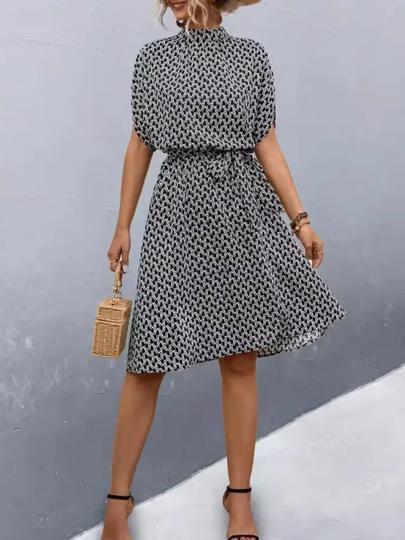 Women Geometric Short Sleeve Summer Printing Dress Crew Neck Daily Vintage Midi Tunic A-Line Dress
