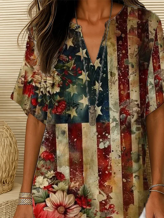 Women Floral Short Sleeve Shirt Summer Printing V Neck Daily Casual Top