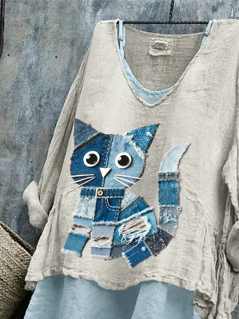Women Cat Long Sleeve Blouse Spring/Fall Printing V Neck Daily Casual Top