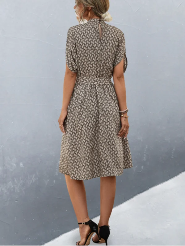 Women Geometric Short Sleeve Summer Printing Dress Crew Neck Daily Vintage Midi Tunic A-Line Dress