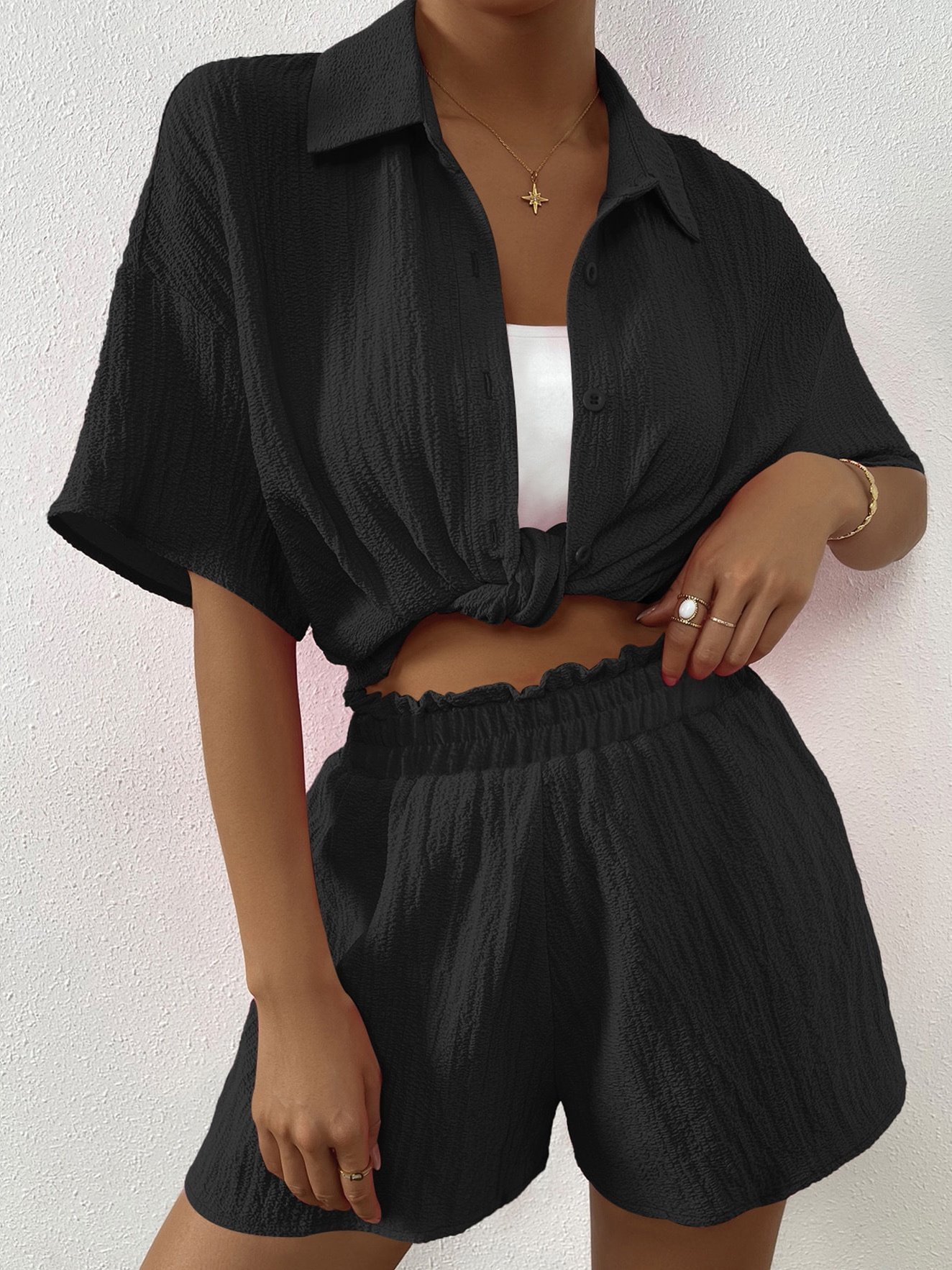 Women Plain Adjustable Strap Two-Piece Set Daily Half Sleeve Casual Summer Top With Pants Matching Set